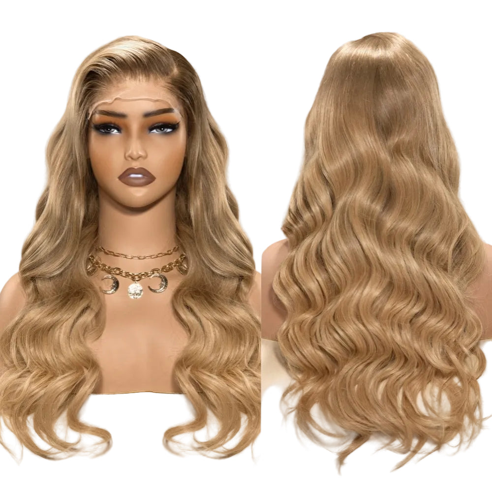 A two-angle view of a synthetic wig in wavy pattern, with highlights and a pre-plucked hairline.